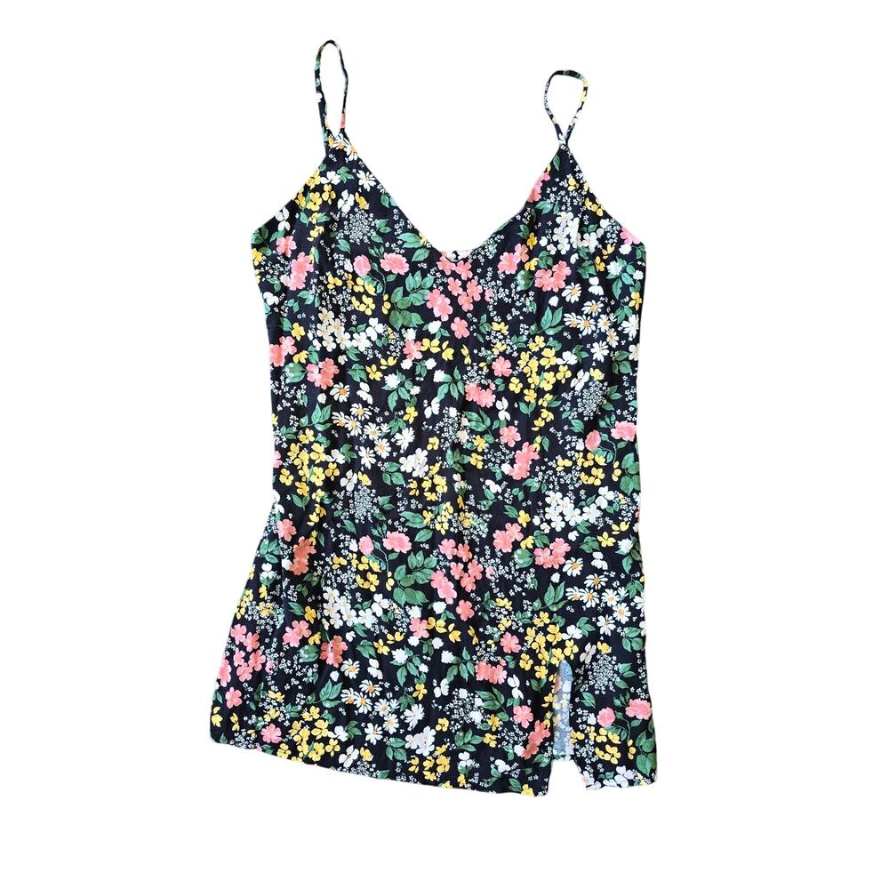 Reformation Marlowe Mini Slip Dress Black‎ Ditsy Floral V-Neck Size Large